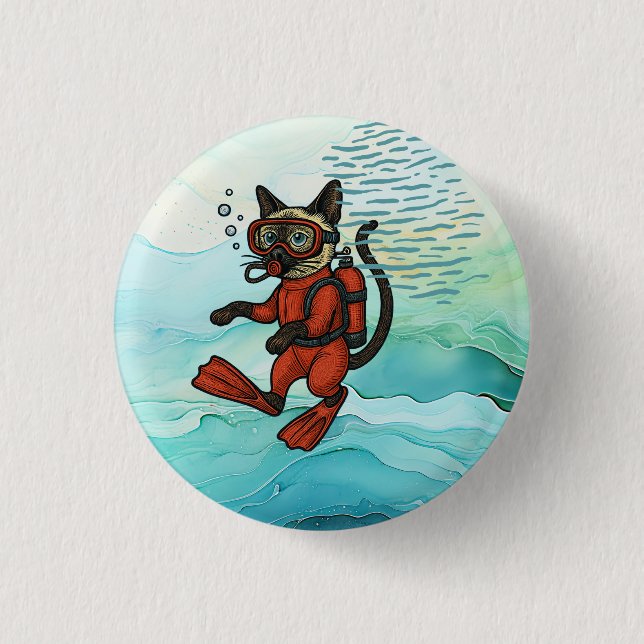 Bóton Redondo 2.54cm Scuba Cat is diving  Underwater  (Frente)