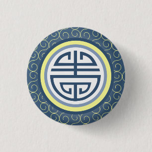 Bóton Redondo 2.54cm Símbolo de Longevidade Chinesa Shou - Azul e Amar