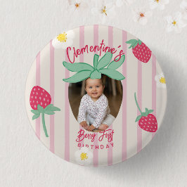 Bóton Redondo 2.54cm Strawberry Berry First Birthday Button with Photo