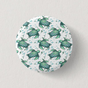 Bóton Redondo 2.54cm tartaruga marinha em aquarela padrão verde azul an