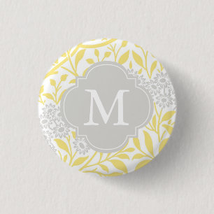 Bóton Redondo 2.54cm Teste padrão floral cinzento amarelo Monogrammed