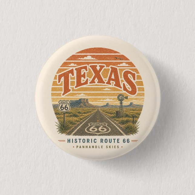 Bóton Redondo 2.54cm Texas Route 66 Panhandle Desert Highway Arte (Frente)
