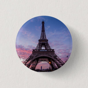 Bóton Redondo 2.54cm Torre Eiffel Céu Rosa Púrpura