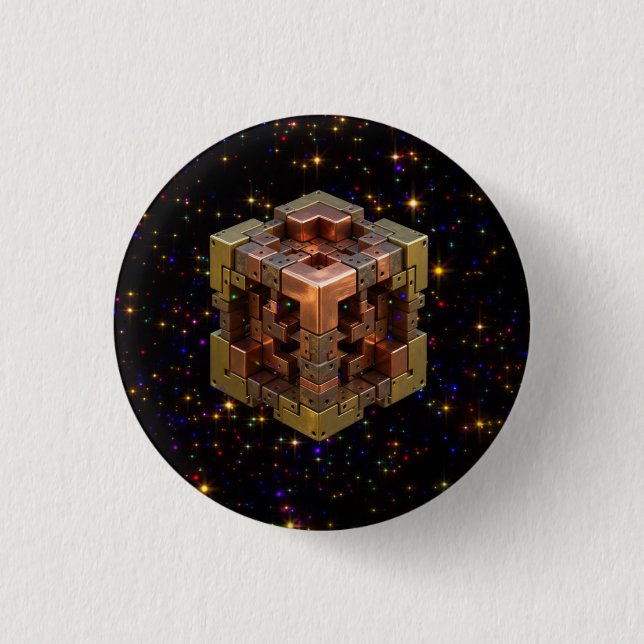 Bóton Redondo 2.54cm Um Cubo Fractal Metálico Com Explosões de Estrelas (Frente)