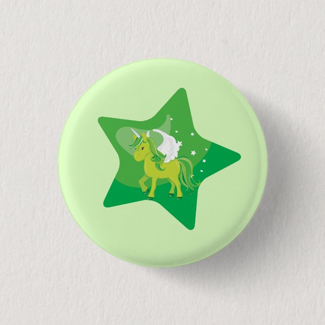 Bóton Redondo 2.54cm Unicórnio Verde Fofo e Estrela Verde (Frente)