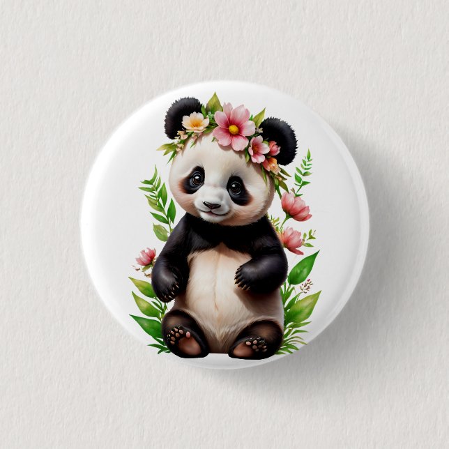 Bóton Redondo 2.54cm Urso Panda Transparente Com Flores (Frente)