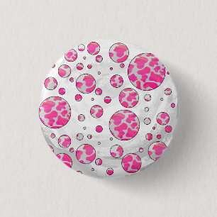 Bóton Redondo 2.54cm Vaca de Bolinhas Rosa e Branca