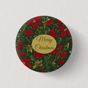 Bóton Redondo 2.54cm Vermelho Verde Dourado, Holly e Amaryllis Natal
