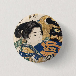 Bóton Redondo 2.54cm Vintage clássico ukiyo-e geisha com o fã Utagawa