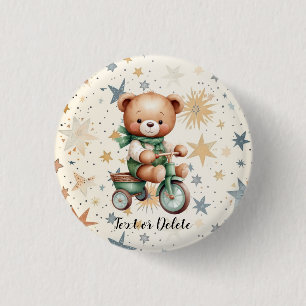 Bóton Redondo 2.54cm Watercolor Teddy Bear Stars Green Bike Party