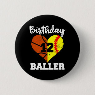 Bóton Redondo 5.08cm 12 Birthday Baller Diversão de 12 anos de Softball