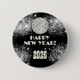 Bóton Redondo 5.08cm 2026 Black Silver Glitter New Year's Eve Party 