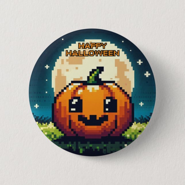 Bóton Redondo 5.08cm Abóbora de Halloween de 8 bits sob a lua (Frente)