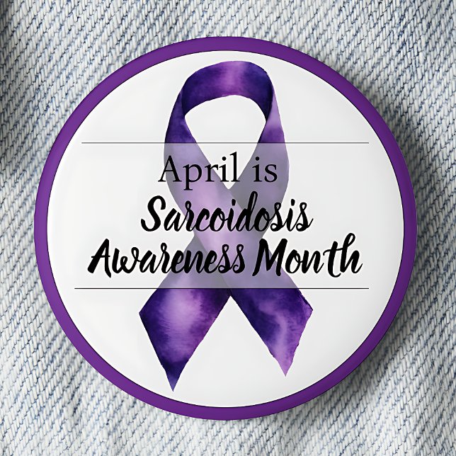 Bóton Redondo 5.08cm Abril Sarcoidose Mês de Consciência (April Purple Ribbon Sarcoidosis Awareness Month pinback button.)