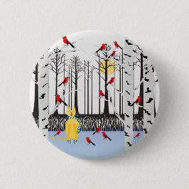 Bóton Redondo 5.08cm Alegria de inverno - Gato com Cardeais de Árvores 