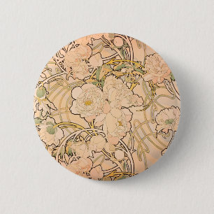 Bóton Redondo 5.08cm Alfonse Mucha Art Nouveau Peonies