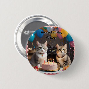Bóton Redondo 5.08cm Alice Nome Com Gatos De Aniversário,