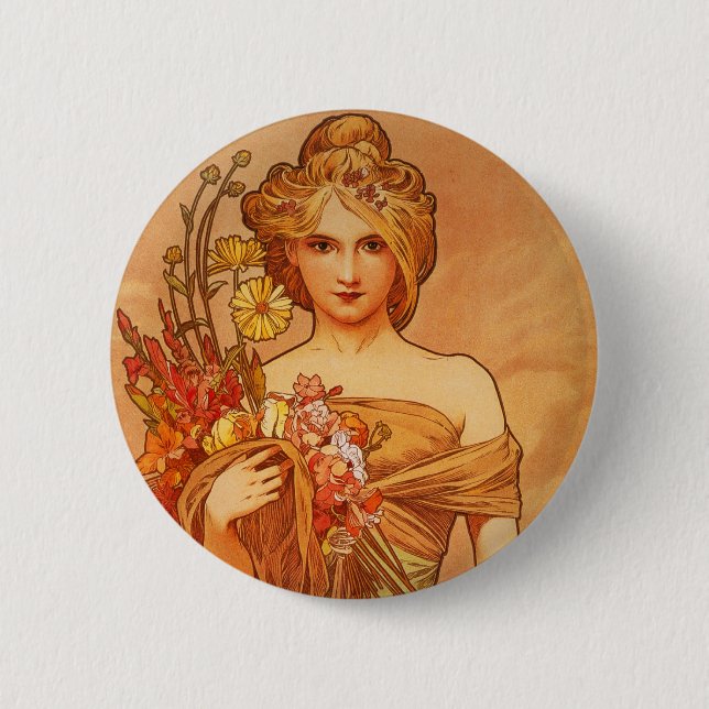 Bóton Redondo 5.08cm Alphonse (Alfons) Mucha Buquê (Frente)