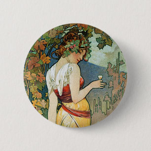 Bóton Redondo 5.08cm Alphonse (Alfons) Mucha: Conhaque - arte Nouveau