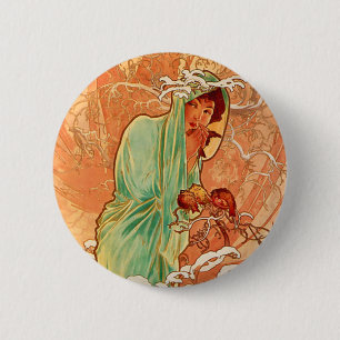Bóton Redondo 5.08cm Alphonse Mucha Art Nouveau Winter