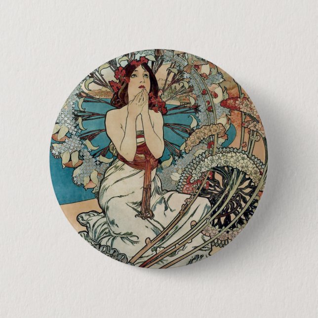 Bóton Redondo 5.08cm Alphonse Mucha ~ Mônaco Monte Carlo Art Nouveau (Frente)