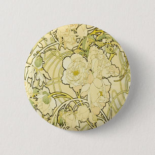Bóton Redondo 5.08cm Alphonse Mucha Peonias Padrão Floral Art Nouveau