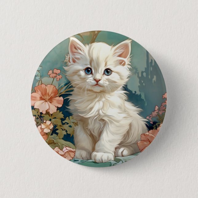 Bóton Redondo 5.08cm Alphonse Mucha Style White Cat (Frente)