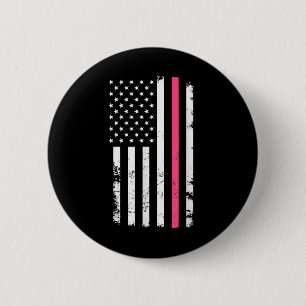 Bóton Redondo 5.08cm American Flag Pink Line Para Cancer De Mama