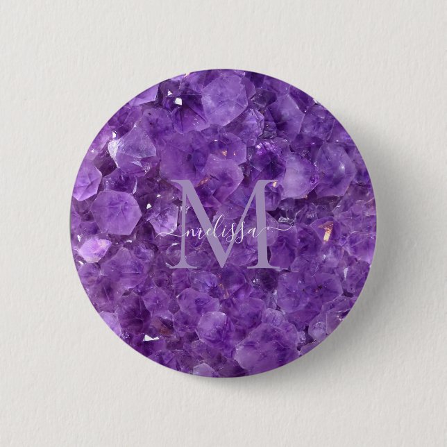 Bóton Redondo 5.08cm Amethyst Birthstone Monogram Personalized Name (Frente)