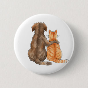 Bóton Redondo 5.08cm Amizade de Cachorro e Gato em Aquarela