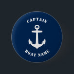 Bóton Redondo 5.08cm Âncora Clássica Náutica Nome do Capitão Barco Azul<br><div class="desc">Ancoragem Náutica Clássica marinho Azul e o Nome do Barco Personalizado e Botão Personalizável de Classificação do Capitão.</div>