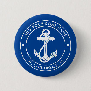 Bóton Redondo 5.08cm Âncora Náutica Barco e Nome Azul Personalizado