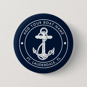 Bóton Redondo 5.08cm Âncora Náutica e Nome do Barco Azul Marinho Person