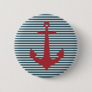 Bóton Redondo 5.08cm Âncora náutica vermelha sobre fundo azul listrad