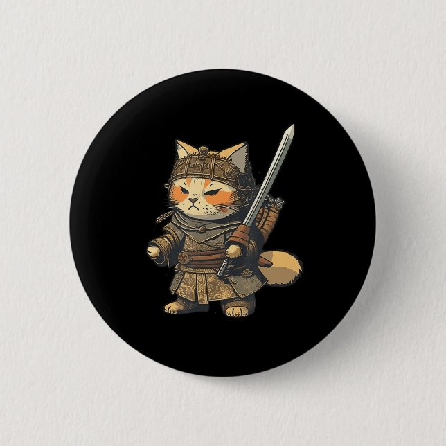 Bóton Redondo 5.08cm Anime de Gato Samurai do Estilo Japonês Kawaii (Frente)