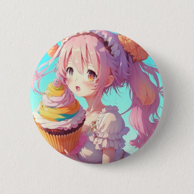 Bóton Redondo 5.08cm Anime Girl com Cupcake Whimsical (Frente)