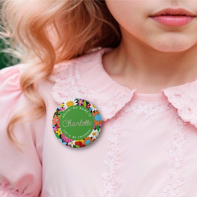 Bóton Redondo 5.08cm Aniversário da Garden Flowers de primavera Whimsic (KID'S NAME Whimsical Spring Flowers Garden Girl's Birthday Party Name Tag / Pin Button @ fat_fa_tin)