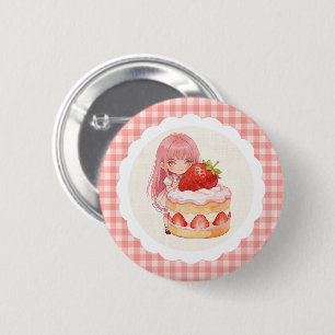 Bóton Redondo 5.08cm Aniversário de 1 ano de Menina com Morango Xadrez