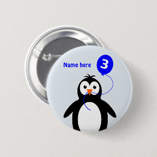 Bóton Redondo 5.08cm aniversário de 3 anos pinguim adicionar nome azul