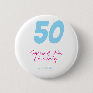 Bóton Redondo 5.08cm aniversário de 50 anos azul ousado rosa nome data 