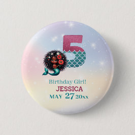 Bóton Redondo 5.08cm Aniversário do 5 de Sereia Afro-Americano