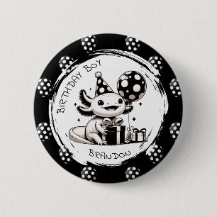 Bóton Redondo 5.08cm Aniversário do Axolotl e balões preto e branco