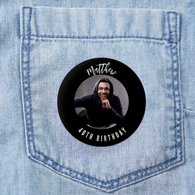 Bóton Redondo 5.08cm Aniversário do nome preto branco da foto (Criador carregado)