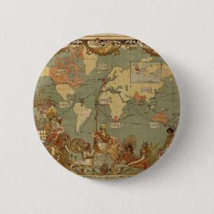 Bóton Redondo 5.08cm Antecipação do Mapa Mundial 1886 Ilustrada