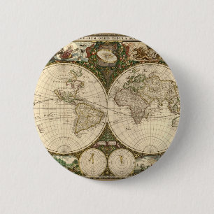 Bóton Redondo 5.08cm Antique 1660 Mapa Mundial de Frederick de Wit