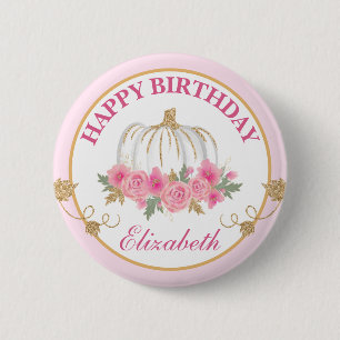 Bóton Redondo 5.08cm Aquarela Abóbora Rosa e Dourada Feliz Aniversário