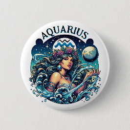 Bóton Redondo 5.08cm Aquarius Water Bearer Beautiful Woman Astrology 