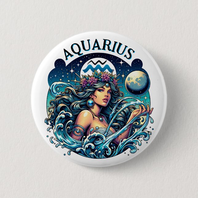 Bóton Redondo 5.08cm Aquarius Water Bearer Beautiful Woman Astrology  (Frente)