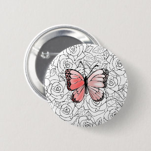Bóton Redondo 5.08cm Arte cor-de-rosa da borboleta e dos rosas