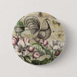 Bóton Redondo 5.08cm Arte de Colagem de Jardim com Galo Vintage: País F